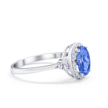 Halo Art Deco Oval Engagement Ring Simulated Tanzanite CZ 925 Sterling Silver
